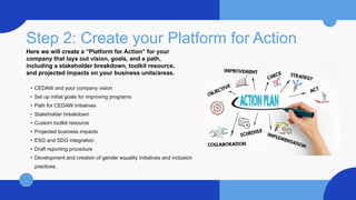 Step 2: Create your Platform for Action
Here we will create a “Platform for Action” for your
company that lays out vision, goals, and a path,
including a stakeholder breakdown, toolkit resource,
and projected impacts on your business units/areas.
• CEDAW and your company vision
• Set up initial goals for improving programs
• Path for CEDAW initiatives
• Stakeholder breakdown
• Custom toolkit resource
• Projected business impacts
• ESG and SDG integration
• Draft reporting procedure
• Development and creation of gender equality initiatives and inclusion
practices.
 
