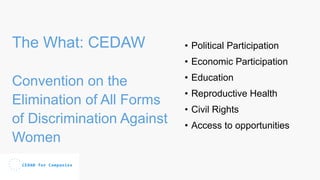 The What: CEDAW
Convention on the
Elimination of All Forms
of Discrimination Against
Women
• Political Participation
• Economic Participation
• Education
• Reproductive Health
• Civil Rights
• Access to opportunities
 