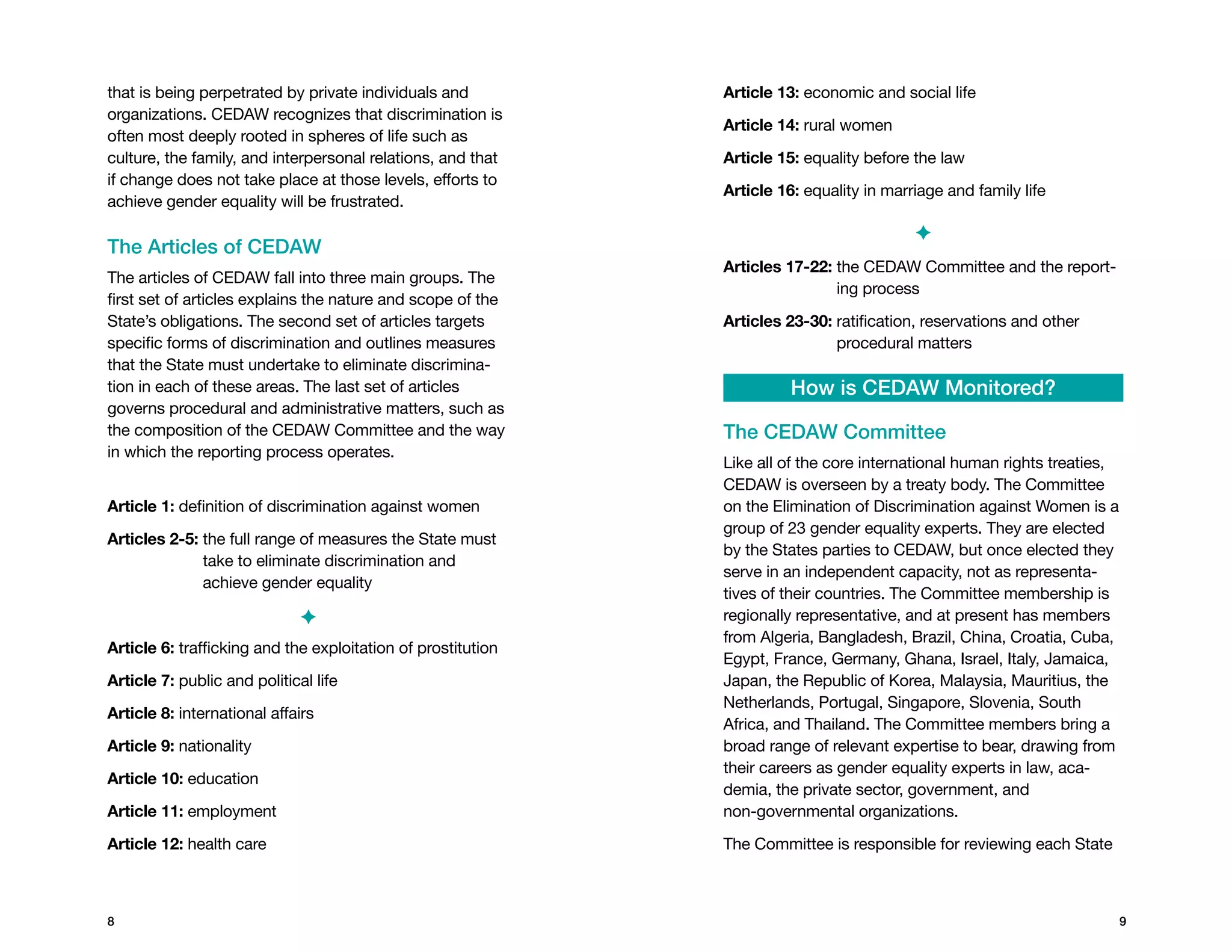 that is being perpetrated by private individuals and          Article 13: economic and social life
organizations. CEDAW recognizes that discrimination is
                                                              Article 14: rural women
often most deeply rooted in spheres of life such as
culture, the family, and interpersonal relations, and that    Article 15: equality before the law
if change does not take place at those levels, efforts to
                                                              Article 16: equality in marriage and family life
achieve gender equality will be frustrated.

                                                                                          ✦
The Articles of CEDAW
                                                              Articles 17-22: he CEDAW Committee and the report-
                                                                              t
The articles of CEDAW fall into three main groups. The
                                                                              ing process
first set of articles explains the nature and scope of the
State’s obligations. The second set of articles targets       Articles 23-30:  atification, reservations and other
                                                                              r
specific forms of discrimination and outlines measures                        procedural matters
that the State must undertake to eliminate discrimina-
tion in each of these areas. The last set of articles                   How is CEDAW Monitored?
governs procedural and administrative matters, such as
the composition of the CEDAW Committee and the way            The CEDAW Committee
in which the reporting process operates.
                                                              Like all of the core international human rights treaties,
                                                              CEDAW is overseen by a treaty body. The Committee
Article 1: definition of discrimination against women         on the Elimination of Discrimination against Women is a
                                                              group of 23 gender equality experts. They are elected
Articles 2-5: he full range of measures the State must
              t
                                                              by the States parties to CEDAW, but once elected they
              take to eliminate discrimination and
                                                              serve in an independent capacity, not as representa-
              achieve gender equality
                                                              tives of their countries. The Committee membership is
                              ✦                               regionally representative, and at present has members
                                                              from Algeria, Bangladesh, Brazil, China, Croatia, Cuba,
Article 6: trafficking and the exploitation of prostitution
                                                              Egypt, France, Germany, Ghana, Israel, Italy, Jamaica,
Article 7: public and political life                          Japan, the Republic of Korea, Malaysia, Mauritius, the
                                                              Netherlands, Portugal, Singapore, Slovenia, South
Article 8: international affairs
                                                              Africa, and Thailand. The Committee members bring a
Article 9: nationality                                        broad range of relevant expertise to bear, drawing from
                                                              their careers as gender equality experts in law, aca-
Article 10: education
                                                              demia, the private sector, government, and
Article 11: employment                                        non-governmental organizations.

Article 12: health care                                       The Committee is responsible for reviewing each State



                                                                                                                         
 
