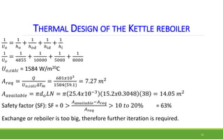 THERMAL DESIGN OF THE KETTLE REBOILER
1
𝑈𝑜
=
1
ℎ𝑜
+
1
ℎ𝑜𝑑
+
1
ℎ𝑖𝑑
+
1
ℎ𝑖
1
𝑈𝑜
=
1
4855
+
1
10000
+
1
5000
+
1
8000
𝑈𝑜,𝑐𝑎𝑙𝑐...