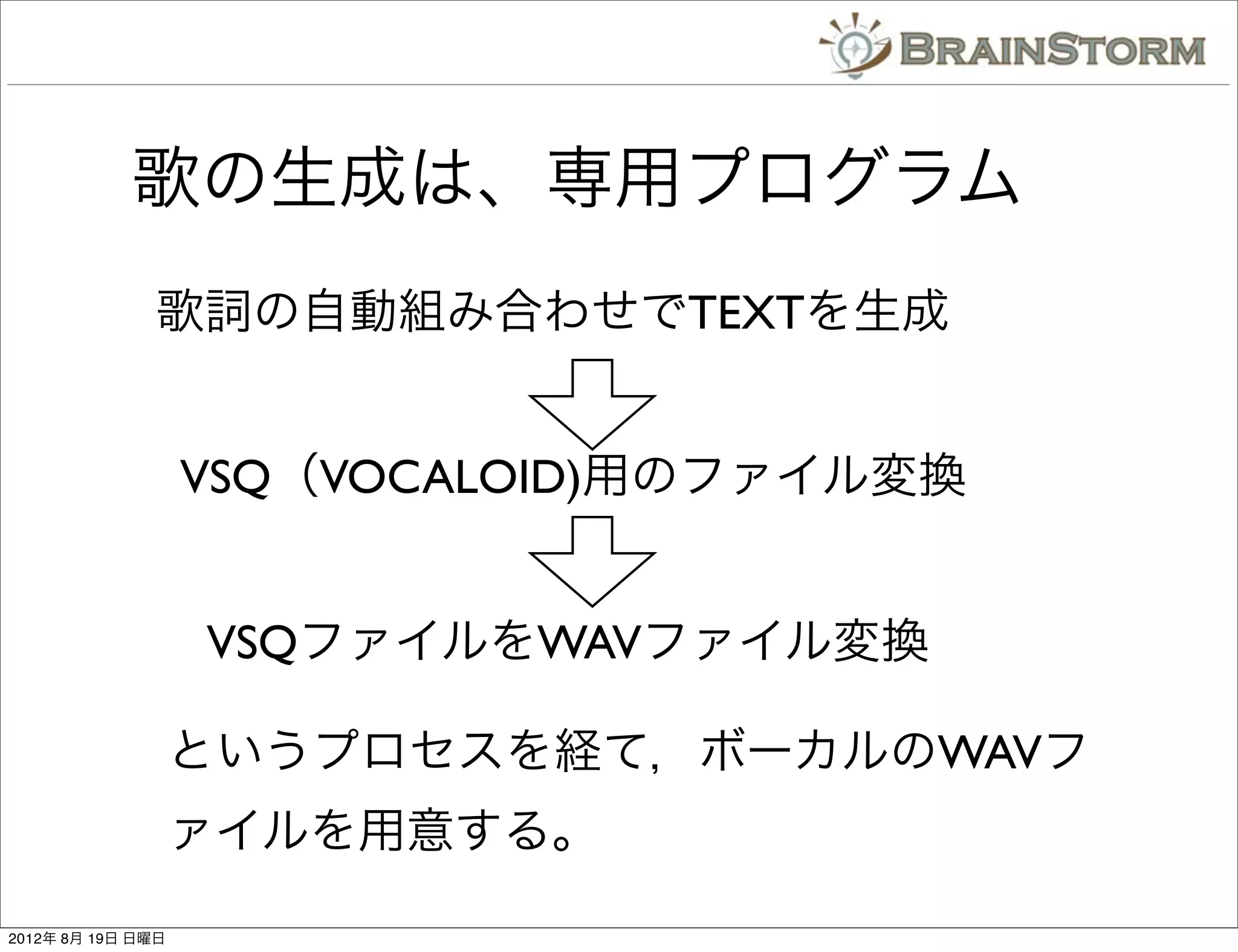 歌の生成は、専用プログラム
               歌詞の自動組み合わせでTEXTを生成


                   VSQ（VOCALOID)用のファイル変換


                   VSQファイルをWAVファイル変換

                   というプロセスを経て，ボーカルのWAVフ
                   ァイルを用意する。
2012年 8月 19日 日曜日
 