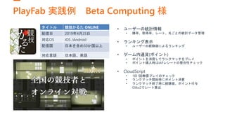 PlayFab 実践例 Beta Computing 様
タイトル 競技かるた ONLINE
配信日 2019年4月25日
対応OS iOS /Android
配信国 日本を含め50か国以上
対応言語 日本語、英語
• ユーザーの統計情報
• 勝率、取得率、レート、札ごとの統計データ管理
• ランキング表示
• ユーザーの経験値によるランキング
• ゲーム内通貨(ポイント)
• ポイントを消費してランクマッチをプレイ
• ポイント購入時はIAPレシートの整合性チェック
• CloudScript
• 1日1回無償プレイのチェック
• ランクマッチ開始時にポイント消費
• ランクマッチ終了時に経験値、ポイント付与
Gliko2でレート算出
 