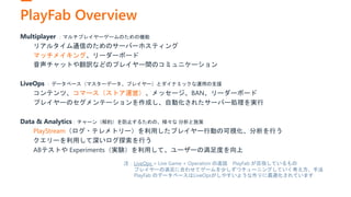 PlayFab Overview
Multiplayer ：マルチプレイヤーゲームのための機能
リアルタイム通信のためのサーバーホスティング
マッチメイキング、リーダーボード
音声チャットや翻訳などのプレイヤー間のコミュニケーション
LiveOps ：データベース（マスターデータ、プレイヤー）とダイナミックな運用の支援
コンテンツ、コマース（ストア運営）、メッセージ、BAN、リーダーボード
プレイヤーのセグメンテーションを作成し、自動化されたサーバー処理を実行
Data & Analytics：チャーン（解約）を防止するための、様々な 分析と施策
PlayStream（ログ・テレメトリー）を利用したプレイヤー行動の可視化、分析を行う
クエリーを利用して深いログ探索を行う
ABテストや Experiments（実験）を利用して、ユーザーの満足度を向上
注：LiveOps = Live Game + Operation の造語 PlayFab が目指しているもの
プレイヤーの満足に合わせてゲームを少しずつチューニングしていく考え方、手法
PlayFab のデータベースはLiveOpsがしやすいような作りに最適化されています
 