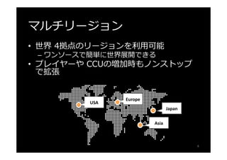 SDK対応プラットフォーム 
Unity Corona Marmalade 
Unreal Engine Cocos2d-x Xamarin 
Andorid iOS BlackBerry 
JavaScript, HTML5 Linux Mac OS X 
PlayStation PlayStation Mobile Xbox 
dotNet Silverlight Windows (Win32) 
Windows8 RT Windows Phone Windows8 Phone 
8 
 