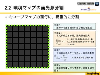 Imagire Day
2.22.2 環境マップの面光源分割環境マップの面光源分割
t
E
E
total
delta
>
しきい値
ギー総量現在の面光源のエネル
ギー量拡大する領域のエネル
:
:
:
t
E
E
total
delta
• キューブマップの面毎に、反復的に分割
手順 1 :
　面の中で最も明るいピクセルを選択
手順 2 :
　下式が成立する間、面光源を拡大
手順 3 : 　
　下式のエネルギーを残し、面光源を除
去
手順 4 :
　面全体を覆いつくすまで、処理を繰り
返す
N
E
E total
res = 面光源のピクセル数:N
 