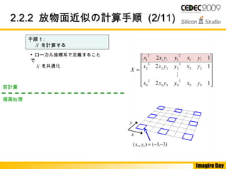 Imagire Day
• ローカル座標系で定義すること
で
　 X を共通化
2.2.22.2.2 放物面近似の計算手順放物面近似の計算手順 (2/11)(2/11)
手順 1 :
　 X を計算する
前計算
描画処理
x
y
)3,3(),( 11 −−=yx














=
12
12
12
99
2
999
2
9
22
2
222
2
2
11
2
111
2
1
yxyyxx
yxyyxx
yxyyxx
X

 