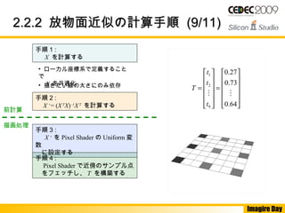 Imagire Day
2.2.22.2.2 放物面近似の計算手順放物面近似の計算手順 (9/11)(9/11)
手順 3 : 　
　 X +
を Pixel Shader の Uniform 変
数 　
　に設定する
手順 4 :
　 Pixel Shader で近傍のサンプル点
　をフェッチし、 T を構築する
前計算
描画処理
　












=












=
64.0
73.0
27.0
9
2
1

t
t
t
T
手順 1 :
　 X を計算する
手順 2 :
　 X +
= (XT
X)-1
XT
を計算する
• 描きたい線の太さにのみ依存
• ローカル座標系で定義すること
で
　 X を共通化
 