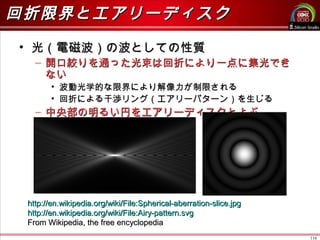 116
回折限界とエアリーディスク回折限界とエアリーディスク
• 光（電磁波）の波としての性質光（電磁波）の波としての性質
– 開口絞りを通った光束は回折により一点に集光でき開口絞りを通った光束は回折により一点に集光でき
ないない
• 波動光学的な限界により解像力が制限される波動光学的な限界により解像力が制限される
• 回折による干渉リング（エアリーパターン）を生じる回折による干渉リング（エアリーパターン）を生じる
– 中央部の明るい円をエアリーディスクとよぶ中央部の明るい円をエアリーディスクとよぶ
http://en.wikipedia.org/wiki/File:Spherical-aberration-slice.jpghttp://en.wikipedia.org/wiki/File:Spherical-aberration-slice.jpg
http://en.wikipedia.org/wiki/File:Airy-pattern.svghttp://en.wikipedia.org/wiki/File:Airy-pattern.svg
From Wikipedia, the free encyclopediaFrom Wikipedia, the free encyclopedia
 