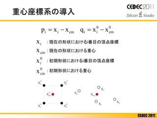 CEDEC 2011
: 現在の形状におけるi番目の頂点座標
: 現在の形状における重心
: 初期形状におけるi番目の頂点座標
: 初期形状における重心
0
cm
0
xxq  iicmxxp  ii
ix
cmx
0
xi
0
cmx
重心座標系の導入
 