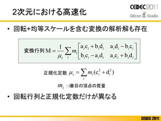 CEDEC 2011
2次元における高速化
• 回転+均等スケールを含む変換の解析解も存在
• 回転行列と正規化定数だけが異なる
 
i
iiis m )dc( 22









 
iiiiiiii
iiiiiiii
i
i
s
m
dbcadacb
cbdadbca1
M

変換行列
正規化定数
: i番目の頂点の質量im
 