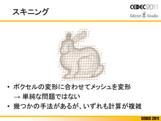CEDEC 2011
• ボクセルの変形に合わせてメッシュを変形
→ 単純な問題ではない
• 幾つかの手法があるが、いずれも計算が複雑
スキニング
 