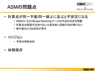 CEDEC 2011
ASMの問題点
• 計算点が同一平面/同一線上に並ぶと不安定になる
• ASMというよりShape Matchingベースの手法の大きな問題
• 計算点の配置が立体でないと安定的に回転行列が解けない
• 棒や板のような形状が苦手
• コリジョン
• 今回は球体近似
• 体積保存
 