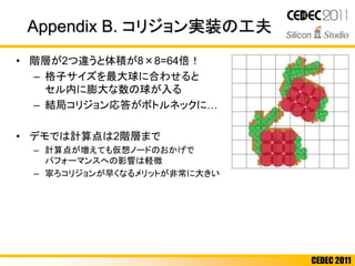 CEDEC 2011
Appendix B. コリジョン実装の工夫
• 階層が2つ違うと体積が8×8=64倍！
– 格子サイズを最大球に合わせると
セル内に膨大な数の球が入る
– 結局コリジョン応答がボトルネックに…
• デモでは計算点は2階層まで
– 計算点が増えても仮想ノードのおかげで
パフォーマンスへの影響は軽微
– 寧ろコリジョンが早くなるメリットが非常に大きい
 