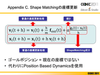 CEDEC 2011
Appendix C. Shape Matchingの座標更新
• ゴールポジション = 現在の座標ではない
• 代わりにPosition Based Dynamicsを使用
𝐯i t + h = 𝐯i t +
h
m
𝐟ext t + α
𝐠i t − 𝐱 𝐢 t
h
𝐱i t + h = 𝐱i t + h 𝐯i t + h
普通の速度更新処理
ShapeMatching成分
硬さ
普通の座標更新処理
 