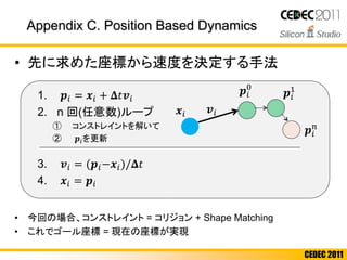 CEDEC 2011
• 先に求めた座標から速度を決定する手法
• 今回の場合、コンストレイント = コリジョン + Shape Matching
• これでゴール座標 = 現在の座標が実現
Appendix C. Position Based Dynamics
1. 𝒑𝑖 = 𝒙𝑖 + 𝚫𝑡𝒗𝑖
2. n 回(任意数)ループ
① コンストレイントを解いて
② 𝒑𝑖を更新
3. 𝒗𝑖 = (𝒑𝑖−𝒙𝑖)/𝚫𝑡
4. 𝒙𝑖 = 𝒑𝑖
𝒙𝑖 𝒗𝑖
𝒑𝑖
0
𝒑𝑖
1
𝒑𝑖
𝑛
𝒙𝑖𝒗𝑖
𝒗𝑖
𝒙𝑖
 