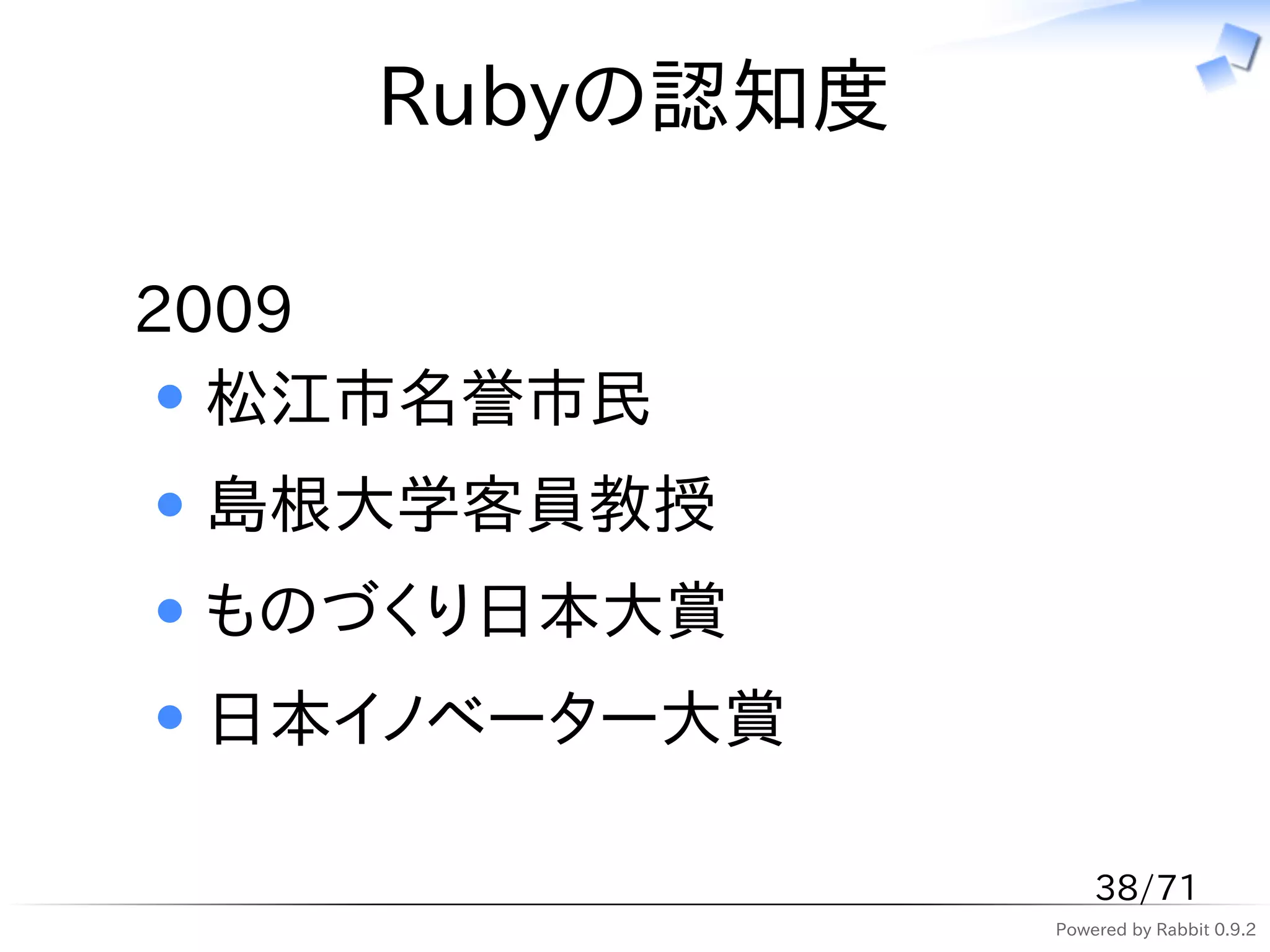 Rubyの認知度

2009
  松江市名誉市民
 島根大学客員教授
 ものづくり日本大賞
 日本イノベーター大賞

                   38/71
               Powered by Rabbit 0.9.2
 
