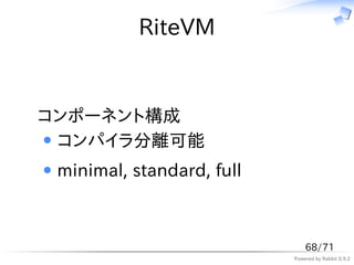 RiteVM


コンポーネント構成
 コンパイラ分離可能
 minimal, standard, full



                               68/71
                           Powered by Rabbit 0.9.2
 