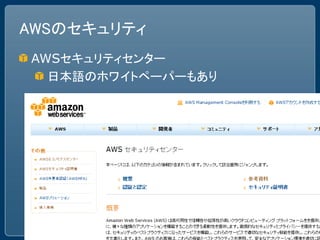 AWSのセキュリティ
AWSセキュリティセンター
  日本語のホワイトペーパーもあり
 