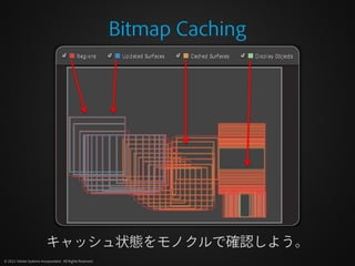 Bitmap Caching




                          キャッシュ状態をモノクルで確認しよう。
© 2012 Adobe Systems Incorporated. All Rights Reserved.
 