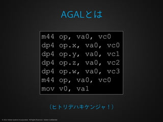 AGALとは

                                                     m44                      op, va0, vc0
                                                     dp4                      op.x, va0, vc0
                                                     dp4                      op.y, va0, vc1
                                                     dp4                      op.z, va0, vc2
                                                     dp4                      op.w, va0, vc3
                                                     m44                      op, va0, vc0
                                                     mov                      v0, va1

                                                           （ヒトリデハキケンジャ！）

© 2012 Adobe Systems Incorporated. All Rights Reserved. Adobe Confidential.
 