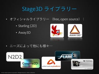 Stage3D ライブラリー
          • オフィシャルライブラリー （free, open source）：

                                • Starling (2D)

                                • Away3D



          • ニーズによって他にも様々…


               N2D2
                                              Genome2D

© 2012 Adobe Systems Incorporated. All Rights Reserved. Adobe Confidential.
 