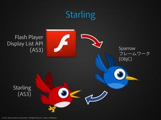 Starling

          Flash Player
       Display List API
                 (AS3)                                                                   Sparrow
                                                                                         フレームワーク
                                                                                         (ObjC)




               Starling
                 (AS3)



© 2012 Adobe Systems Incorporated. All Rights Reserved. Adobe Confidential.
 