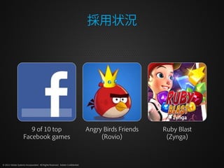 採用状況




                       9 of 10 top                                            Angry Birds Friends   Ruby Blast
                    Facebook games                                                 (Rovio)           (Zynga)



© 2012 Adobe Systems Incorporated. All Rights Reserved. Adobe Confidential.
 