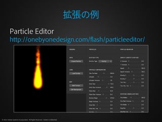 拡張の例
          Particle Editor
          http://onebyonedesign.com/flash/particleeditor/




© 2012 Adobe Systems Incorporated. All Rights Reserved. Adobe Confidential.
 