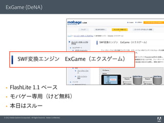 © 2012 Adobe Systems Incorporated. All Rights Reserved. Adobe Conﬁdential.
ExGame (DeNA)
§  FlashLite 1.1 ベース
§  モバゲー専用（けど無料）
§  本日はスルー
 