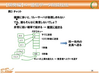 36
例3  チャット
極端に多いと、リレーサーバが処理しきれない
でも、誰もそんなに発言しないでしょ？
非常に低い確率で起きる  →  確実に起きる
おは
よろ
おつ
1
ＦＩＦＯキュー
6秒後
すぐに送信
10ミリ秒後に送信
1秒後
キューの上限を超えた  →  発言者へエラーを返す
同一市内の
全員へ送る
2
120
バルス
【開発編】	
  ４．通信データ削減技法	
バルス
バルス
 