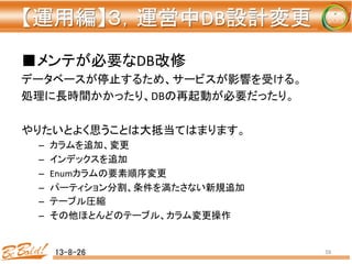 【運用編】３，運営中DB設計変更 
	
■メンテが必要なDB改修	
  
データベースが停止するため、サービスが影響を受ける。	
  
処理に長時間かかったり、DBの再起動が必要だったり。	
  
	
  
やりたいとよく思うことは大抵当てはまります。	
  
–  カラムを追加、変更	
  
–  インデックスを追加	
  
–  Enumカラムの要素順序変更	
  
–  パーティション分割、条件を満たさない新規追加	
  
–  テーブル圧縮	
  
–  その他ほとんどのテーブル、カラム変更操作	
  
13-8-26	
 59	
 