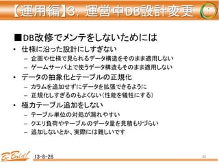 【運用編】３，運営中DB設計変更 
	
■DB改修でメンテをしないためには	
  
•  仕様に沿った設計にしすぎない	
  
–  企画や仕様で見られるデータ構造をそのまま適用しない	
  
–  ゲームサーバ上で使うデータ構造もそのまま適用しない	
  
•  データの抽象化とテーブルの正規化	
  
–  カラムを追加せずにデータを拡張できるように	
  
–  正規化しすぎるのもよくない（性能を犠牲にする）	
  
•  極力テーブル追加をしない	
  
–  テーブル単位の対処が漏れやすい	
  
–  クエリ負荷やテーブルのデータ量を見積もりづらい	
  
–  追加しないとか、実際には難しいです	
  
	
  
13-8-26	
 60	
 