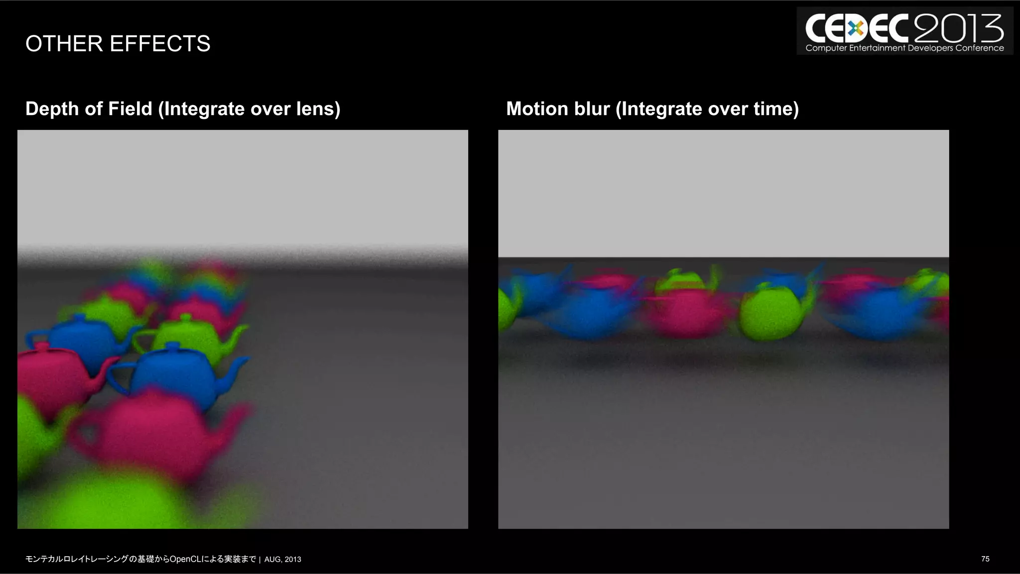 75モンテカルロレイトレーシングの基礎からOpenCLによる実装まで | AUG, 2013
OTHER EFFECTS
Depth of Field (Integrate over lens) Motion blur (Integrate over time)
 