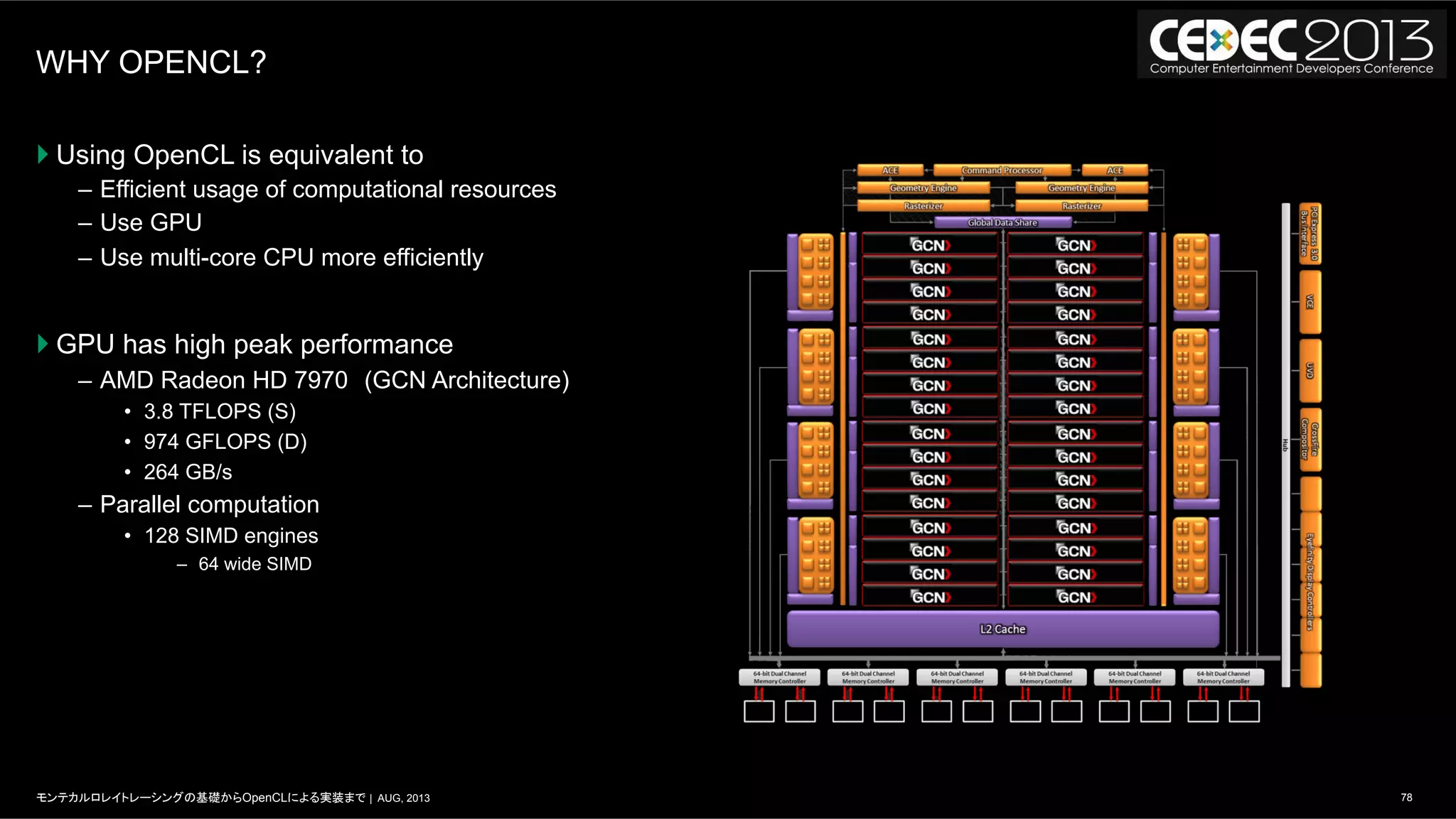 78モンテカルロレイトレーシングの基礎からOpenCLによる実装まで | AUG, 2013
WHY OPENCL?
} Using OpenCL is equivalent to
–  Efficient usage of computational resources
–  Use GPU
–  Use multi-core CPU more efficiently
} GPU has high peak performance
–  AMD Radeon HD 7970　(GCN Architecture)
•  3.8 TFLOPS (S)
•  974 GFLOPS (D)
•  264 GB/s
–  Parallel computation
•  128 SIMD engines
–  64 wide SIMD
 