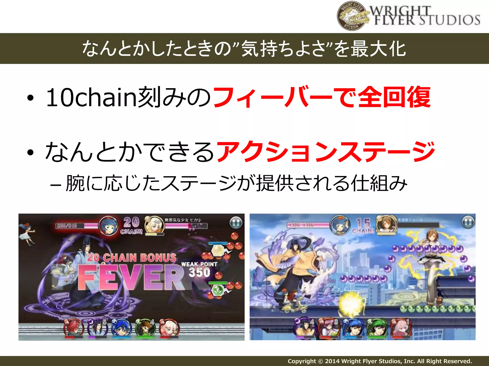 なんとかしたときの”気持ちよさ”を最大化 
• 10chain刻みのフィーバーで全回復 
• なんとかできるアクションステージ 
– 腕に応じたステージが提供される仕組み 
Copyright © 2014 Wright Flyer Studios, Inc. All Right Reserved. 
 