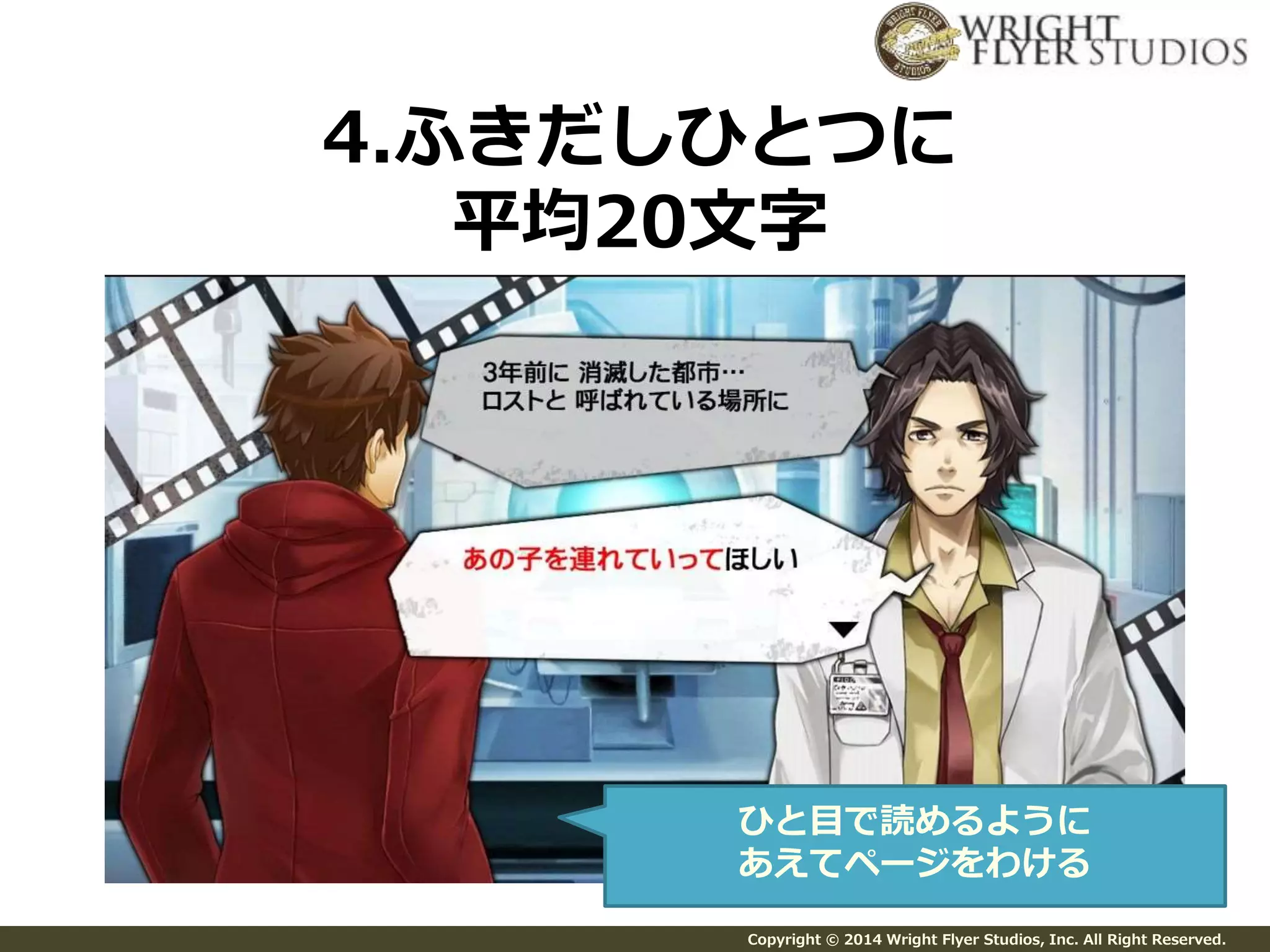 4.ふきだしひとつに 
平均20文字 
ひと目で読めるように 
あえてページをわける 
Copyright © 2014 Wright Flyer Studios, Inc. All Right Reserved. 
 