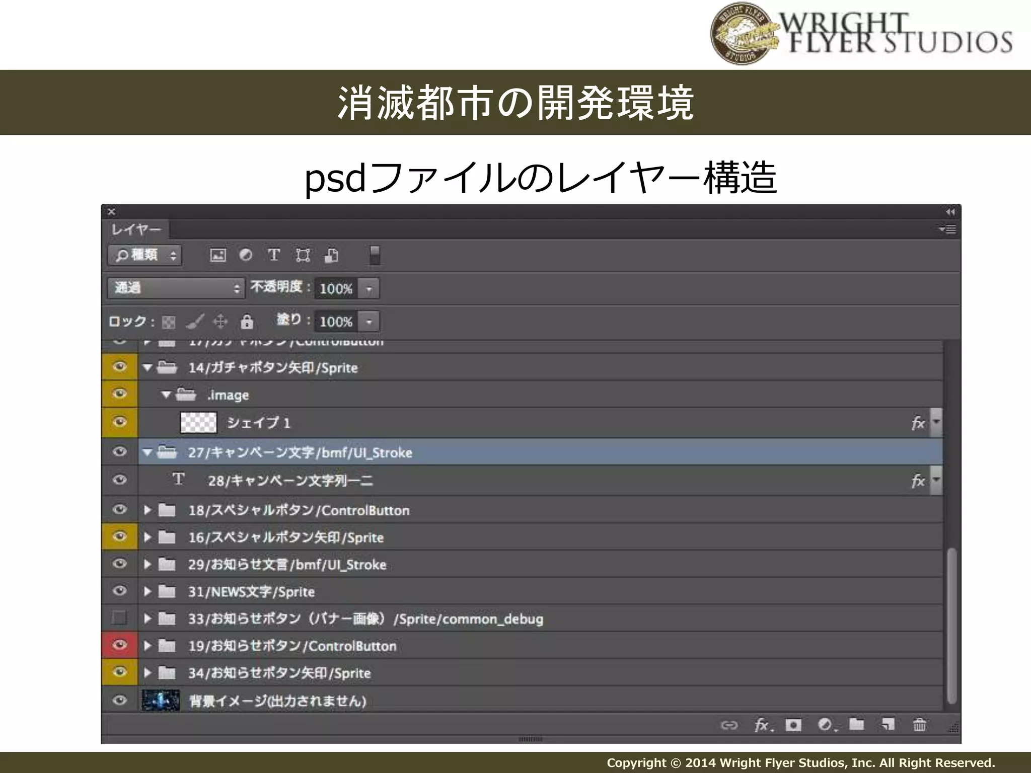 消滅都市の開発環境 
psdファイルのレイヤー構造 
Copyright © 2014 Wright Flyer Studios, Inc. All Right Reserved. 
 