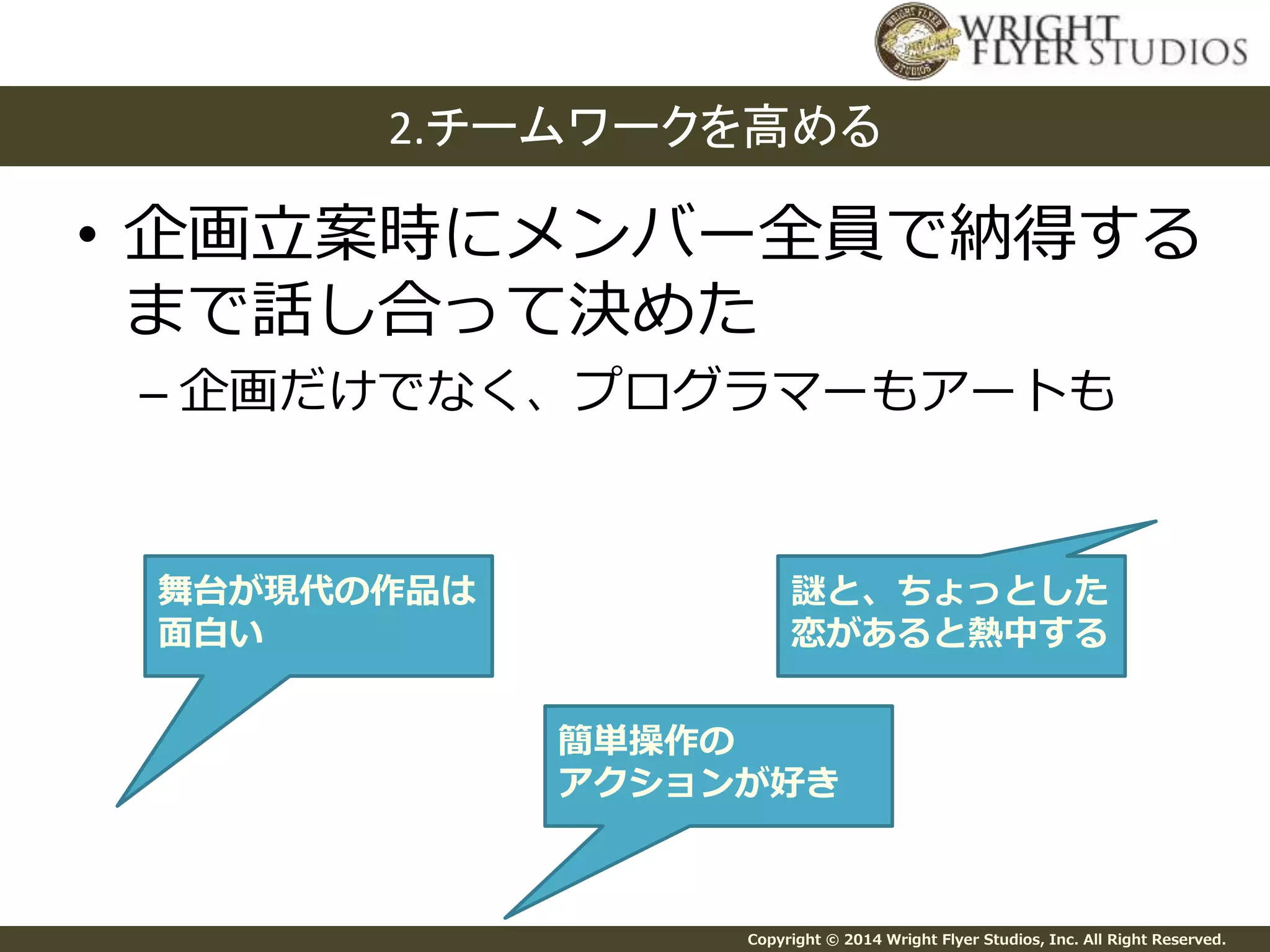 2.チームワークを高める 
• 企画立案時にメンバー全員で納得する 
まで話し合って決めた 
– 企画だけでなく、プログラマーもアートも 
謎と、ちょっとした 
恋があると熱中する 
Copyright © 2014 Wright Flyer Studios, Inc. All Right Reserved. 
舞台が現代の作品は 
面白い 
簡単操作の 
アクションが好き 
 