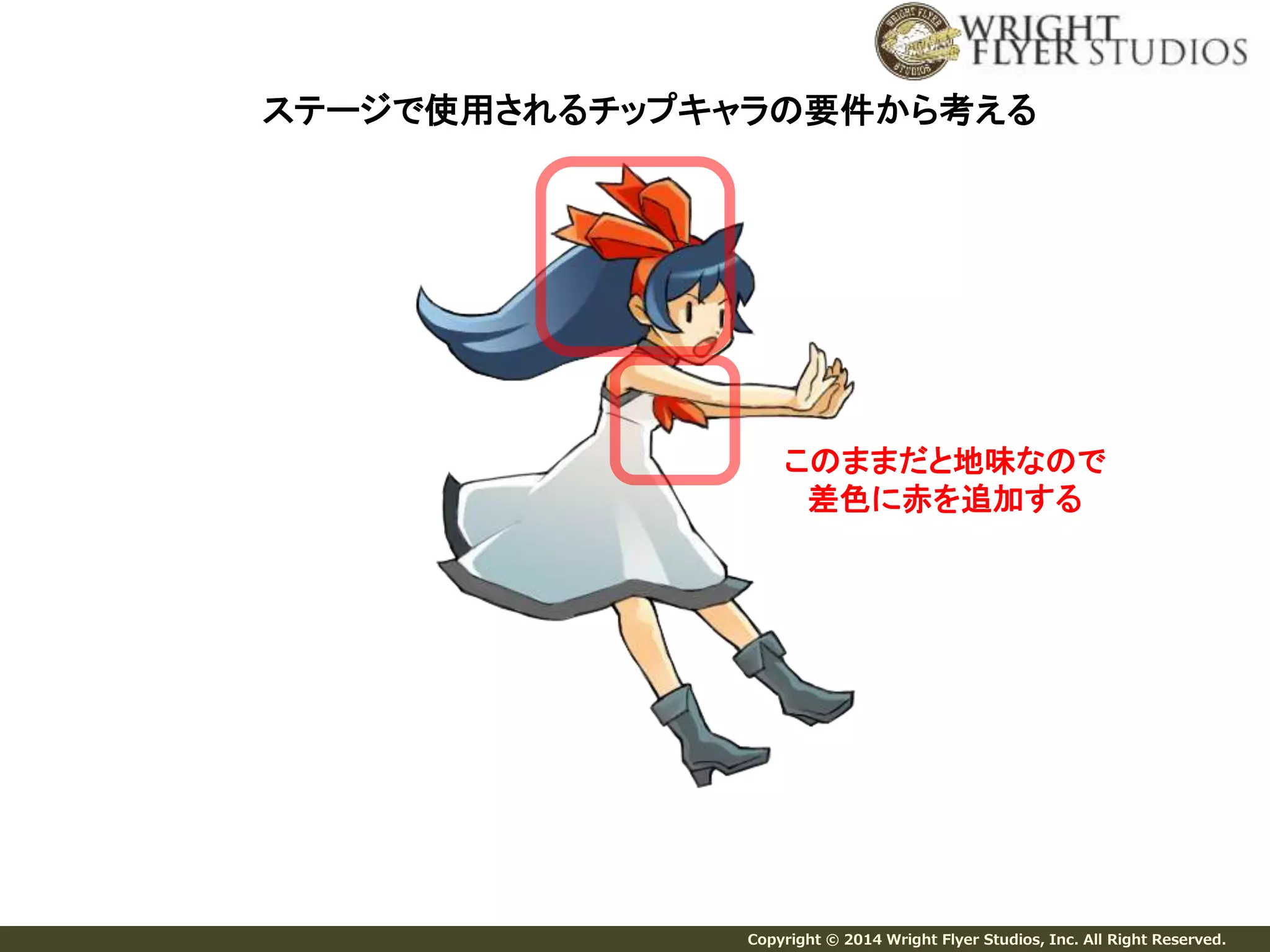ステージで使用されるチップキャラの要件から考える 
このままだと地味なので 
差色に赤を追加する 
Copyright © 2014 Wright Flyer Studios, Inc. All Right Reserved. 
 