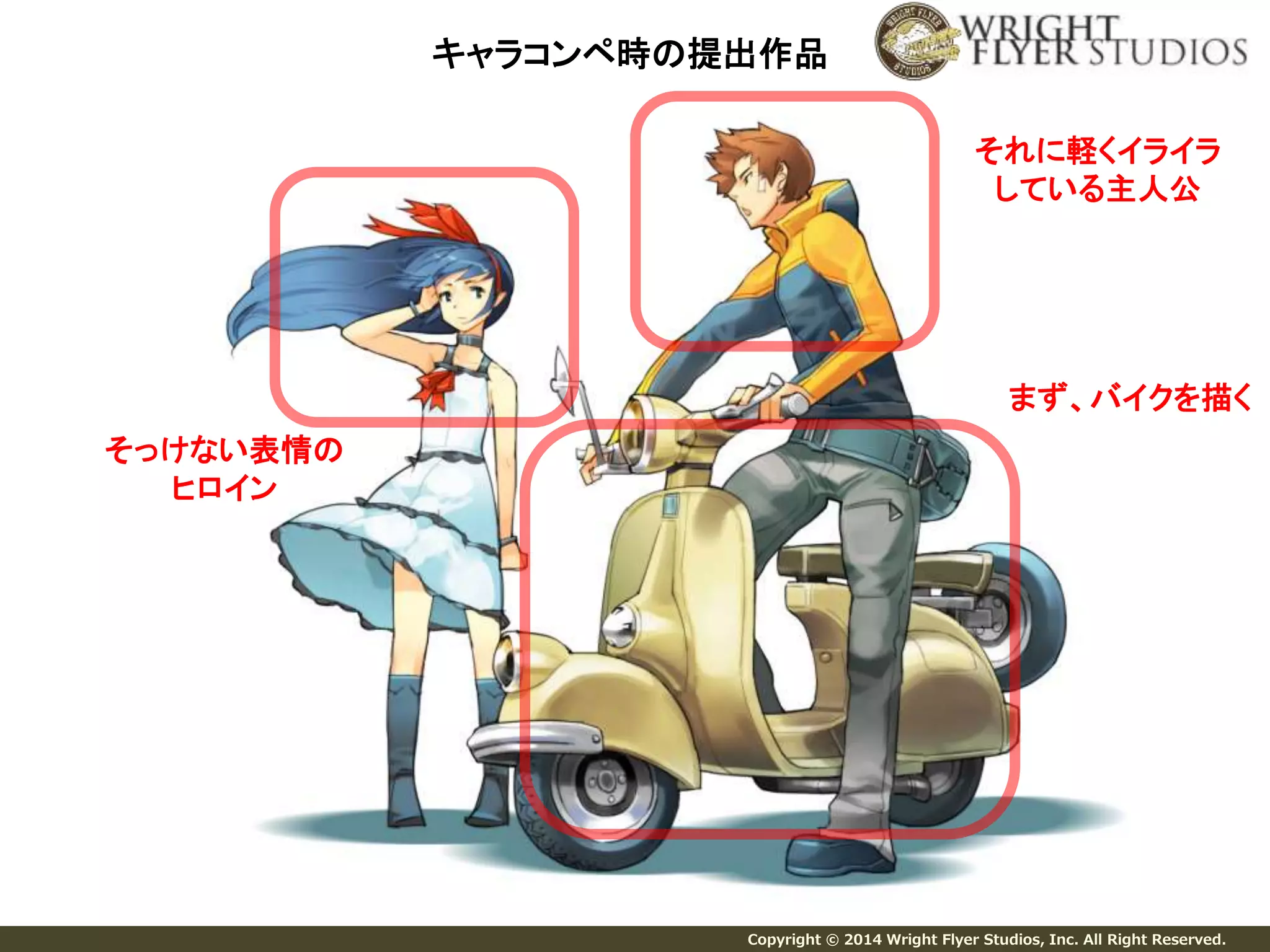 まず、バイクを描く 
Copyright © 2014 Wright Flyer Studios, Inc. All Right Reserved. 
そっけない表情の 
ヒロイン 
それに軽くイライラ 
している主人公 
キャラコンペ時の提出作品 
 