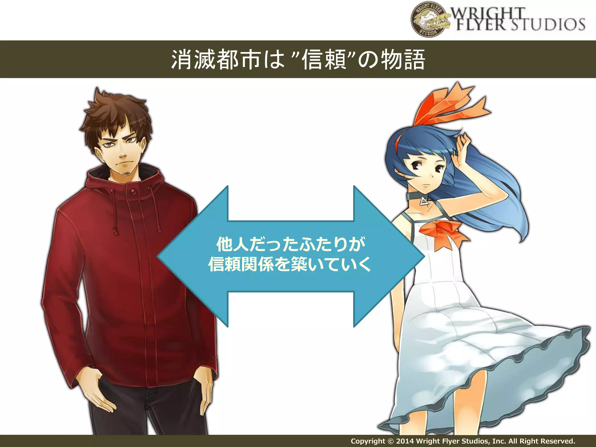 消滅都市は”信頼”の物語 
他人だったふたりが 
信頼関係を築いていく 
Copyright © 2014 Wright Flyer Studios, Inc. All Right Reserved. 
 