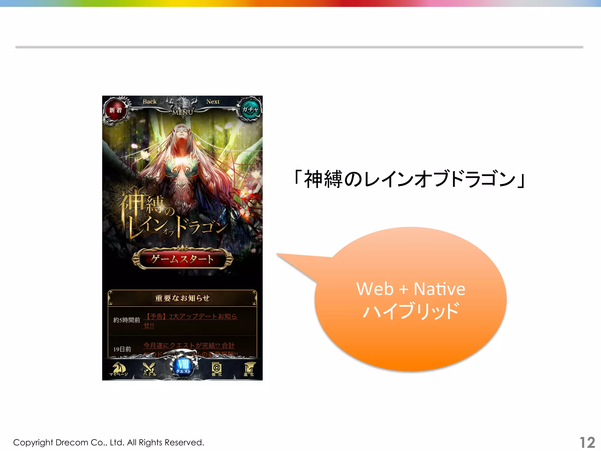 Copyright Drecom Co., Ltd. All Rights Reserved.	
 12
「神縛のレインオブドラゴン」	
  
Web	
  +	
  NaGve	
  
ハイブリッド	
  
 