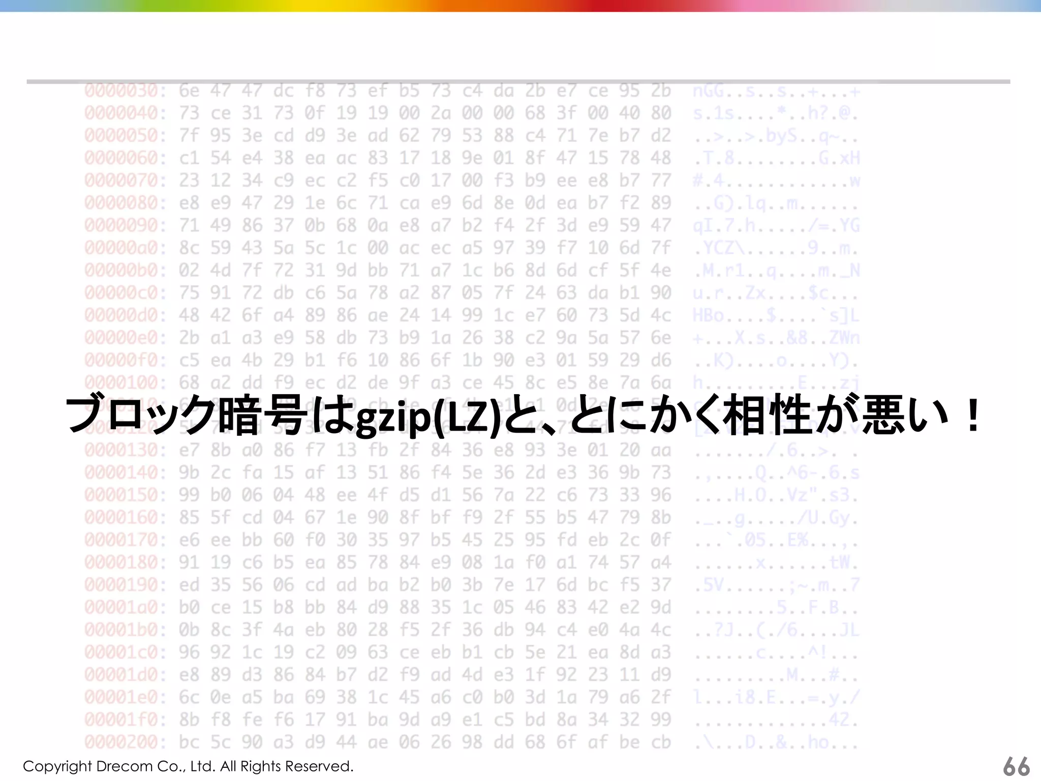 Copyright Drecom Co., Ltd. All Rights Reserved.	
 66
ブロック暗号はgzip(LZ)と、とにかく相性が悪い！	
  
 