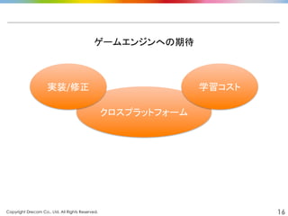 Copyright Drecom Co., Ltd. All Rights Reserved.	
 16
クロスプラットフォーム	
ゲームエンジンへの期待	
  
実装/修正	
 学習コスト	
 