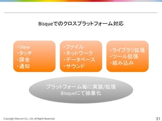 Copyright Drecom Co., Ltd. All Rights Reserved.	
 31
Bisqueでのクロスプラットフォーム対応	
  
・View	
  
・タッチ	
  
・課金	
  
・通知	
  
・ファイル	
  
・ネットワーク	
  
・データベース	
  
・サウンド	
  
・ライブラリ拡張	
  
・ツール拡張	
  
・組み込み	
  
プラットフォーム毎に実装/拡張	
  
Bisqueにて抽象化	
  
 