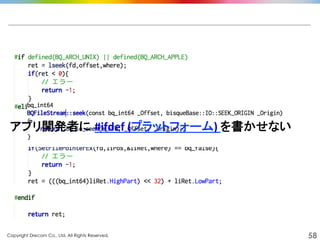 Copyright Drecom Co., Ltd. All Rights Reserved.	
 58
アプリ開発者に #ifdef	
  (プラットフォーム)	
  を書かせない	
 