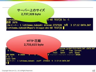 Copyright Drecom Co., Ltd. All Rights Reserved.	
 65
HTTP	
  圧縮	
  
2,733,615	
  byte	
  
	
サーバー上のサイズ	
  
2,737,328	
  byte	
 