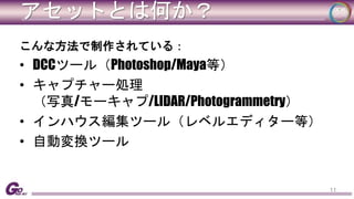 アセットとは何か？ 
こんな方法で制作されている： 
• DCCツール（Photoshop/Maya等） 
• キャプチャー処理 
（写真/モーキャプ/LIDAR/Photogrammetry） 
• インハウス編集ツール（レベルエディター等） 
• 自動変換ツール 
11 
 