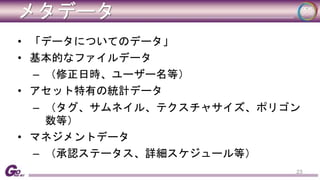 メタデータ 
• 「データについてのデータ」 
• 基本的なファイルデータ 
– （修正日時、ユーザー名等） 
• アセット特有の統計データ 
– （タグ、サムネイル、テクスチャサイズ、ポリゴン 
数等） 
• マネジメントデータ 
– （承認ステータス、詳細スケジュール等） 
23 
 