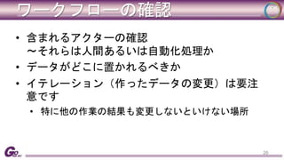 ワークフローの確認 
• 含まれるアクターの確認 
〜それらは人間あるいは自動化処理か 
• データがどこに置かれるべきか 
• イテレーション（作ったデータの変更）は要注 
意です 
• 特に他の作業の結果も変更しないといけない場所 
26 
 